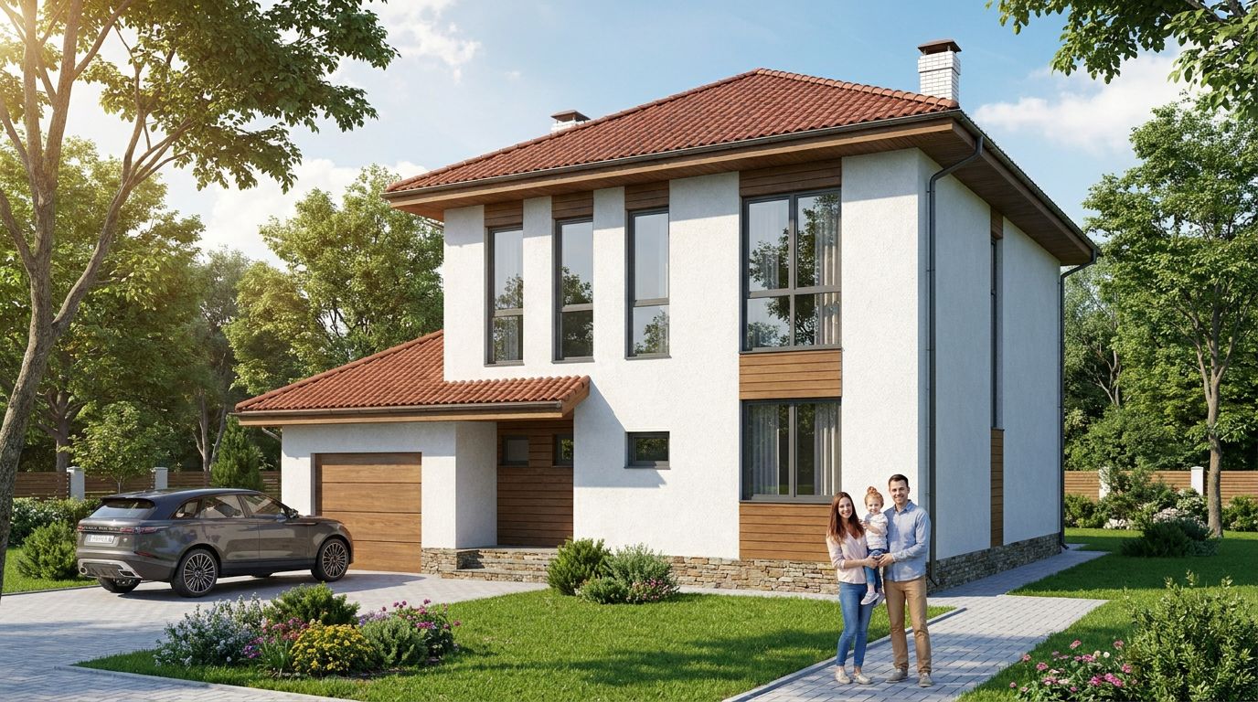 Проект дома из кирпича с террасой 165 м²