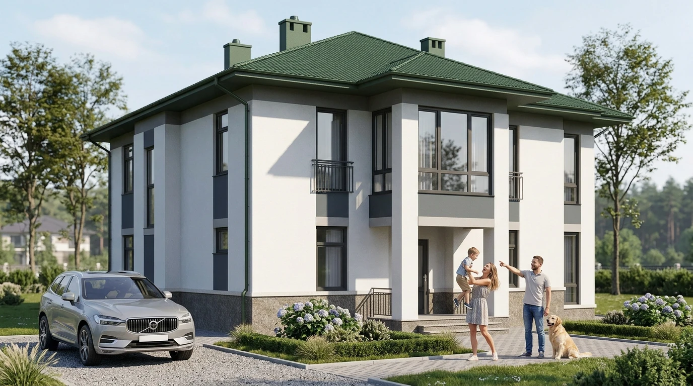 Проект дома с французскими балконами из кирпича 187 м²